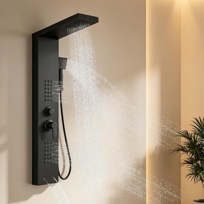 Shower Panel Tower System with Rainfall Shower Head, Elegant Matte Black Shower