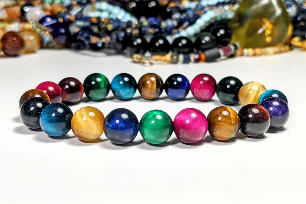 Multi Color Tiger Eye Bracelet Men Stretc 10mm 7 7.5 8 or 8.5 inch