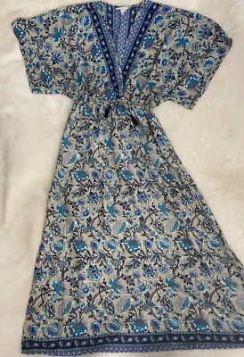 Chaundry Boho Maxi Dress Large Short Sleeve Floral Blue Cream