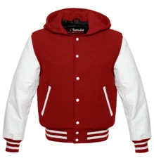 MAROON VARSITY  HOODIE  LETTERMAN WOOL& WHITE REAL LEATHER JACKET