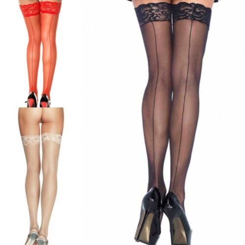 Lace Top Seamed Sheer Stockings Leg Avenue 1101 Bridal Nude Black Red   - Picture 1 of 9