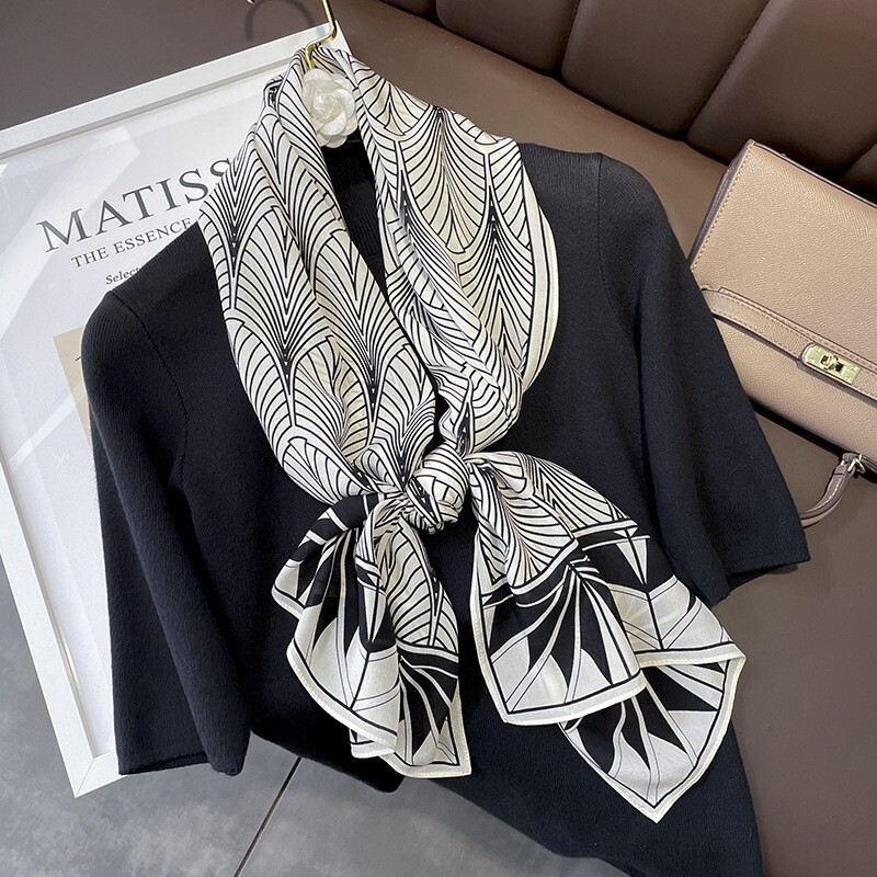 Double Sided 100% Silk Long Scarf for Women with White Black Leaf Print 145x37cm