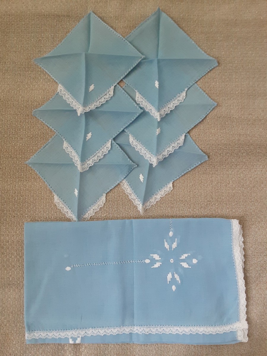 Vtg Hand Made Linen Set Tablecloth 6 Napkins Tea Cocktail Blue