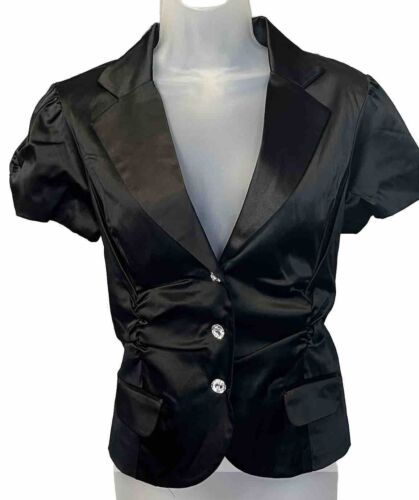 Maurices L Black Satin Short Sleeve Blazer, Lined In Blue Satin. Jewel Buttons