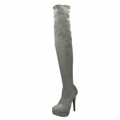Damen Grau Stiefel High Heel Stiletto Overknee Plateau Boots Wildlederimitat