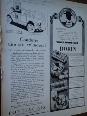 PONTIAC SIX Zyl Auto + Creme und Pulver DORIN Reklame Papier ILLUSTRATION 1928