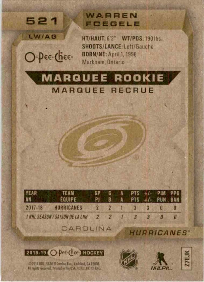 2018-19 O-Pee-Chee marquee Rookie Warren Foegele RC #521 - Image 2 of 2