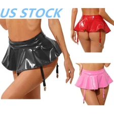 Women Wet Look Patent Leather Mini Skirt Garter Belt Pleated Skirt Clubwear