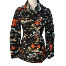 Hurley Tropical Print Double Breasted Raincoat Jacket Women Xs Black Hood