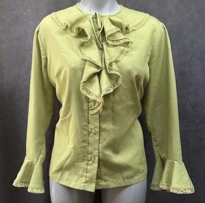 Vtg Ruffle Jabot Blouse Shirt Green Women s 50s MODE O'DAY