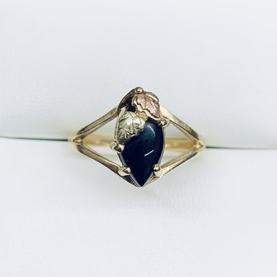 Black Hills Gold 10k Yellow Gold Marquise Cut Onyx Leaf 2 Tone Ring Size 7.5