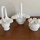 Vintage Milk Glass Hobnail Baskets 2 w/ Handles Fenton + 1 Unmarked w/o Handle