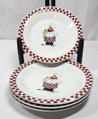 Set of 4 Chef Graphic Round Dinner Plates 10 in White Red Checkered Rim