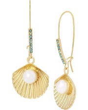 NEW BETSEY JOHNSON GOLD TONE PRISM CRYSTALS SEA SHELL,FAUX PEARL DANGLE EARRINGS