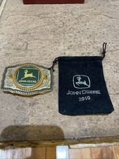 John Deere Belt Buckle Made In USA Gold Tone Around Green/Gold Deer Trademark