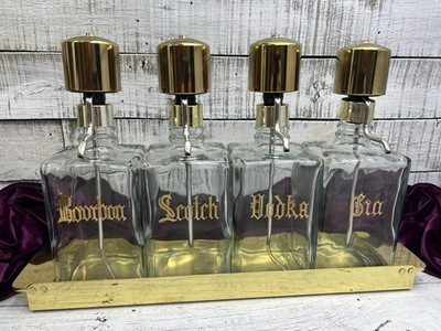 Vintage Glass Liquor Decanters Gold Top Pumps Barware Metal Cocktail Tray AS-IS