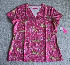 Koi Betsey Johnson Scrub Top Women  s Sz Large Pink Tiger Floral Nursing Medical