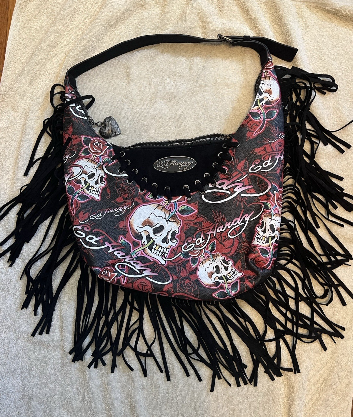Off White Color Roses Ed Hardy Fringed Hobo Shoulder Bag. Skulls & Roses in Red white and ...