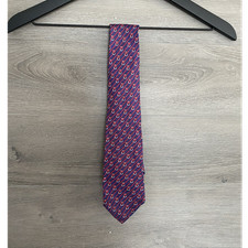 HERM S Paris Men's Silk Tie Blue Red Geometric Pattern Woven Designer Logo