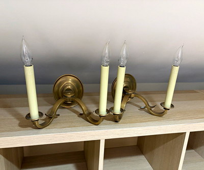 Pair Vintage Brass Double Arm Candle Style Wall Sconces Traditional