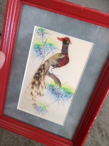 Vintage Feather Art Pheasant Framed Picture with Real Bird Feathers Handpainted