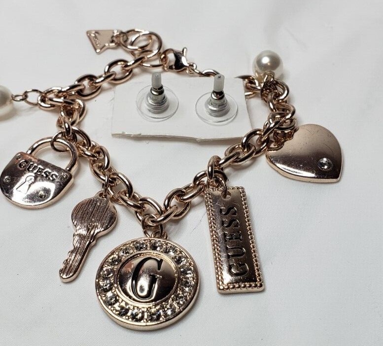 Rose Gold tone Guess Charm Bracelet with Match Heart Pierced Earings