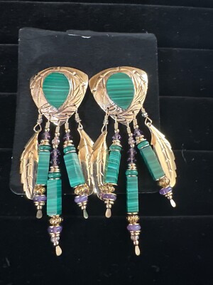 Tabra Signed Gold Malachite and Amethyst feather earrings