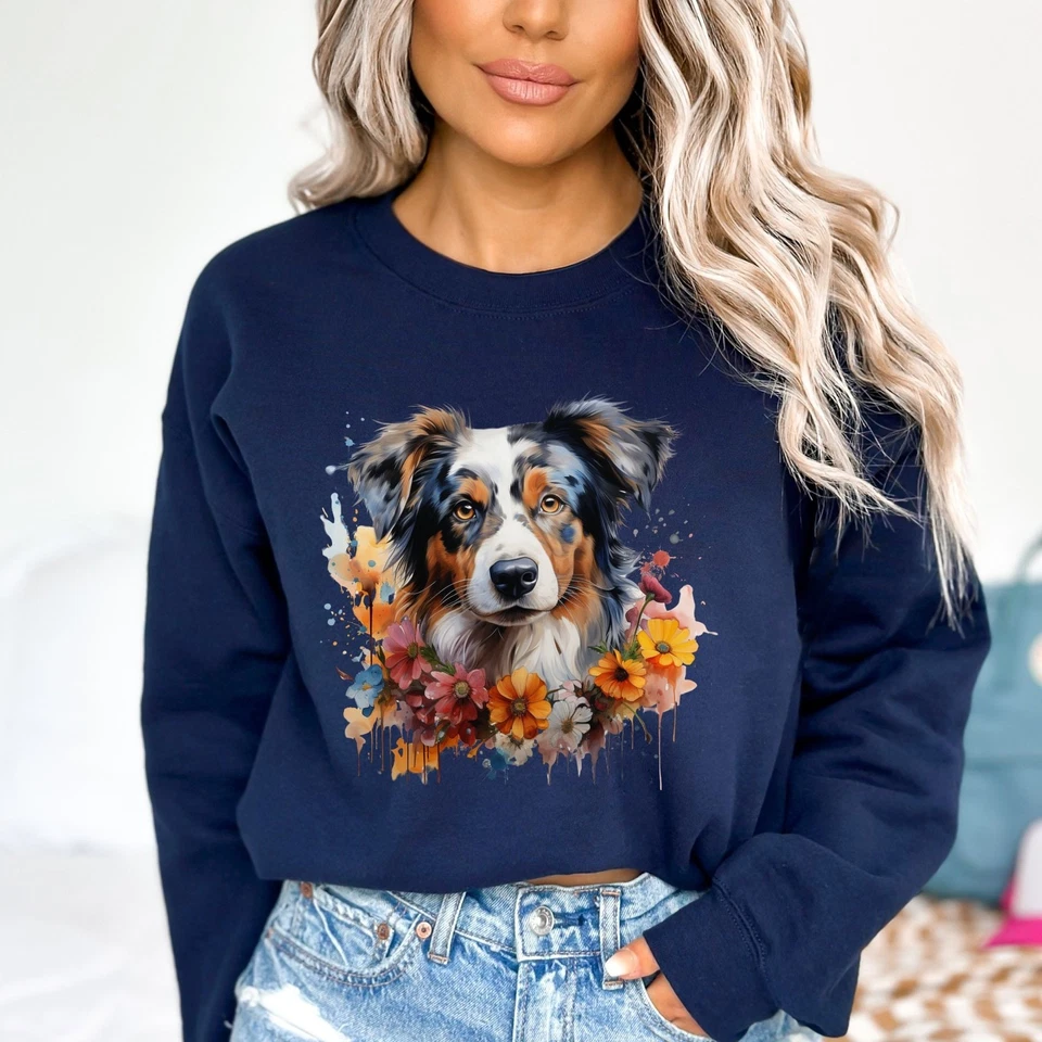 Sudadera Unisex Pastor Australiano Color Floral Splash Negra Azul Marino Oscuro Heathe Foto 2 de 4