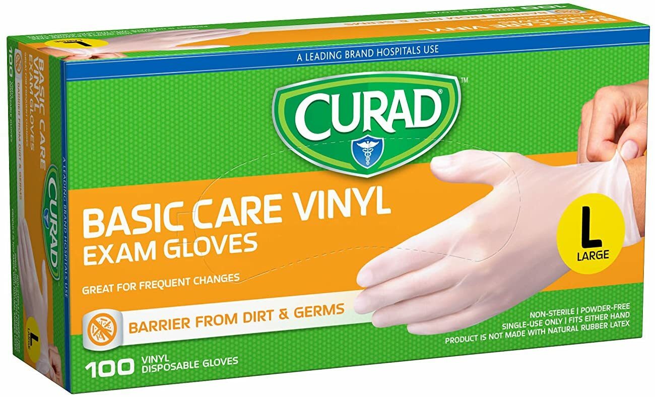 New Curad Basic Care Vinyl Exam Gloves Soft Flexible Easy Fit 100Ct (1