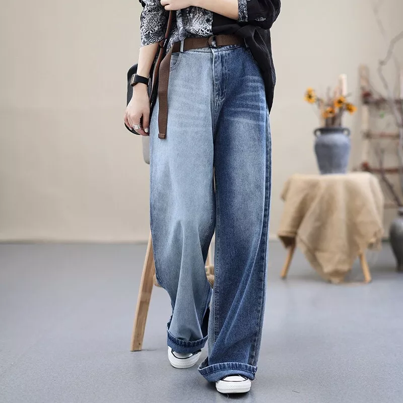 Lady Wide Leg Jeans Denim Pants Trouser Belt High Waist Loose Fit