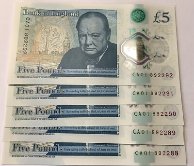 5 X NEW KING CHARLES BANKNOTE £5 2024 - CA01 CONSECUTIVE NUMBERS