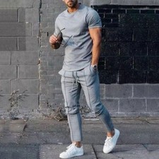 Men's Tracksuit Casual O Neck T-shirt Trousers Set for Men Cotton Two-piece