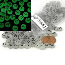 200 Green Glowing Face Smile, Mad, Sad Expression Glow in the Dark Coin Beads