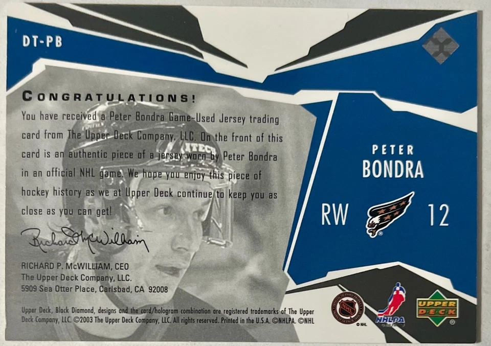 PETER BONDRA 2003-04 BLACK DIAMOND THREADS JERSEY CARD #DT-PB - Image 2 of 2