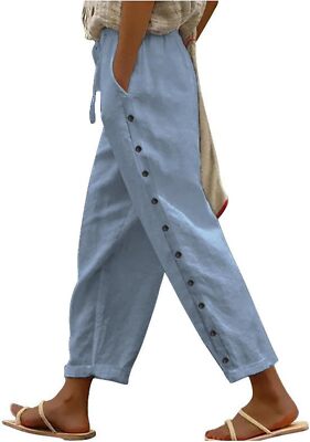 Women Casual Loose High Waist Pants Cotton Linen Pants Summer Wide Leg Trousers