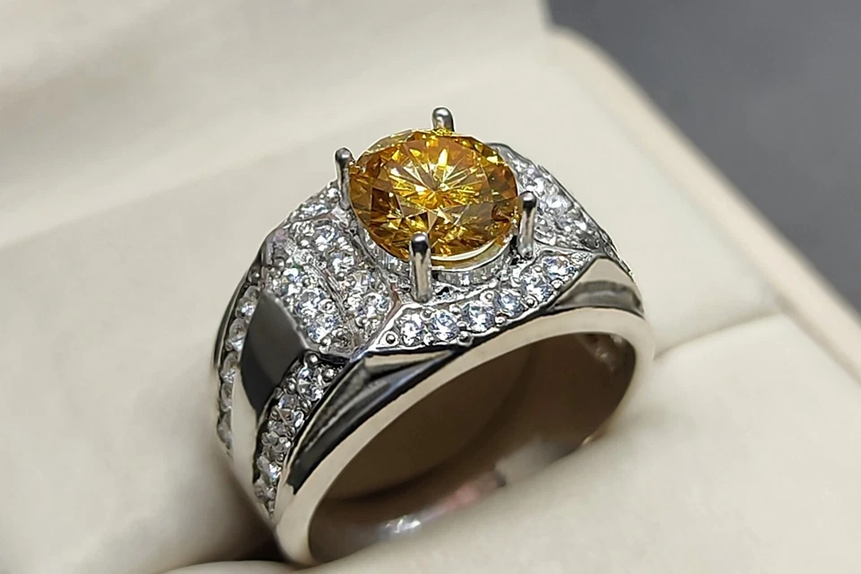 Round Cut Rare 2 Ct Golden Moissanite Diamond 925 Silver Women Engagement Ring - Image 4 of 4
