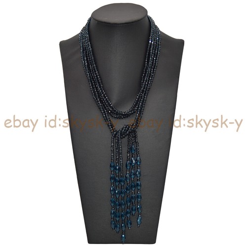 3 Strands 3x4mm Faceted Ink Blue Crystal Teardrop Beads Lariat Necklace 50" - Picture 4 of 4