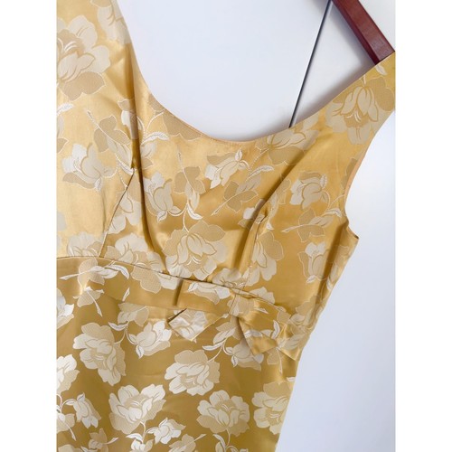 Vintage 60s Sateen Brocade Formal Dress Gold Size Medium Knee Length Retro - Picture 3 of 7