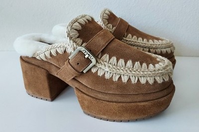 NEW Mou PLATFORM CLOG WITH BUCKLE STRAP & CROCHET IN COGNAC Women's Sz 37 US 6.5