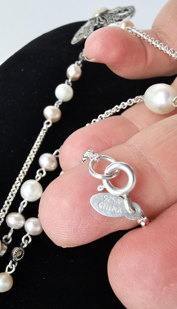 Sterling Silver Pearl stackable Necklace with Mar… - image 10