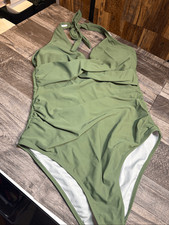 Olive Green One Piece Swimsuit Womens Medium Halter Ruched Tummy Control