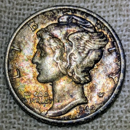 1942 Mercury Dime AU++ : Monster Rainbow Tone, Almost UNC - .9 Fine Silver Coin