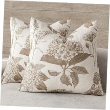 Set of 2 Linen Floral Throw Pillow Covers 22" x 22" Pack of 2 Light Brown