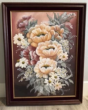 Large Framed Vintage Acrylic On Canvas Floral Still Life Painting