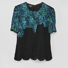 Vtg 80s Silk Beaded Top Womens Size M Glam Retro Holiday Black Blue Sequin Waves