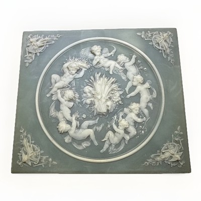 Vintage Incolay Stone Jewelry Box Cherub Angel Relief Tray 6  x 7  Blue White