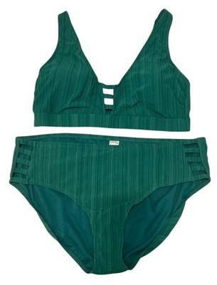 3X 2 pc swimsuit bikini top bottom Time Tru Mid-Rise NWT Emerald Green Cutout
