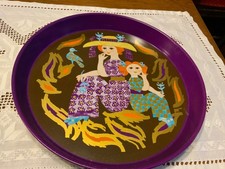 Tablett, rund, IRA Denmark Design 30 cm Durchmesser, lila gold bunt Vintage