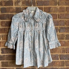 Ivy Jane Ruffled Smocked Floral Top Blue White 3/4 Sleeve 100% Cotton Size XS