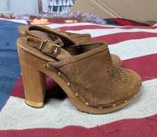 Tory Burch Brayden 8.5 M Logo Brown Suede Studded Slingback Wooden Heels Clogs